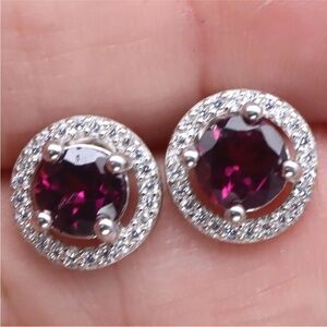 Elegant natural Garnet with Zircon Halo Stud Earrings in 925 Sterling Silver